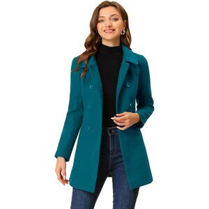 Women's  Lake Blue Medium Winter Peter Pan Collar Double Breasted Long Pea Coat